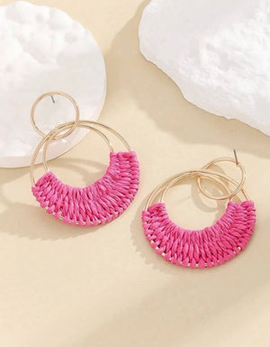 Pink Raffia Hoop Earrings