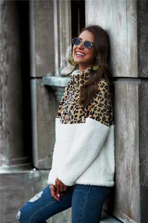Leopard Color Block Half-Zip Teddy Sweatshirt