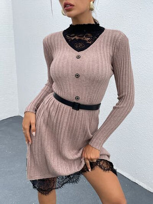 Set In Your Ways Lace Detail Sweater Dress