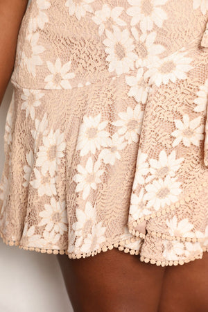 Sweet Truth Floral Lace Pompom Detail Tie-Waist Flutter Sleeve Dress