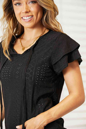 Just Go With It Eyelet Flutter Sleeve Blouse