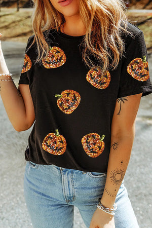 Sequin Pumpkin Round Neck Tee