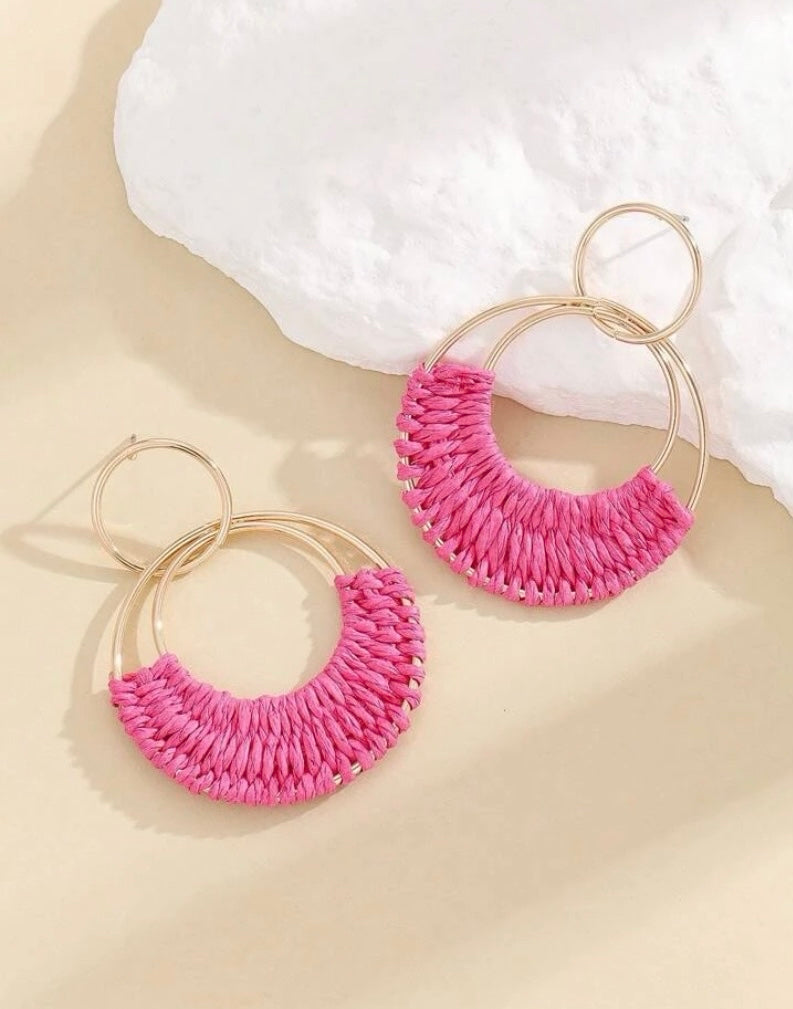 Pink Raffia Hoop Earrings