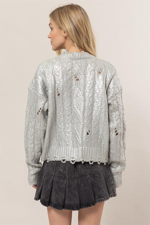 A Glistening Night Distressed Cable-Knit Sweater