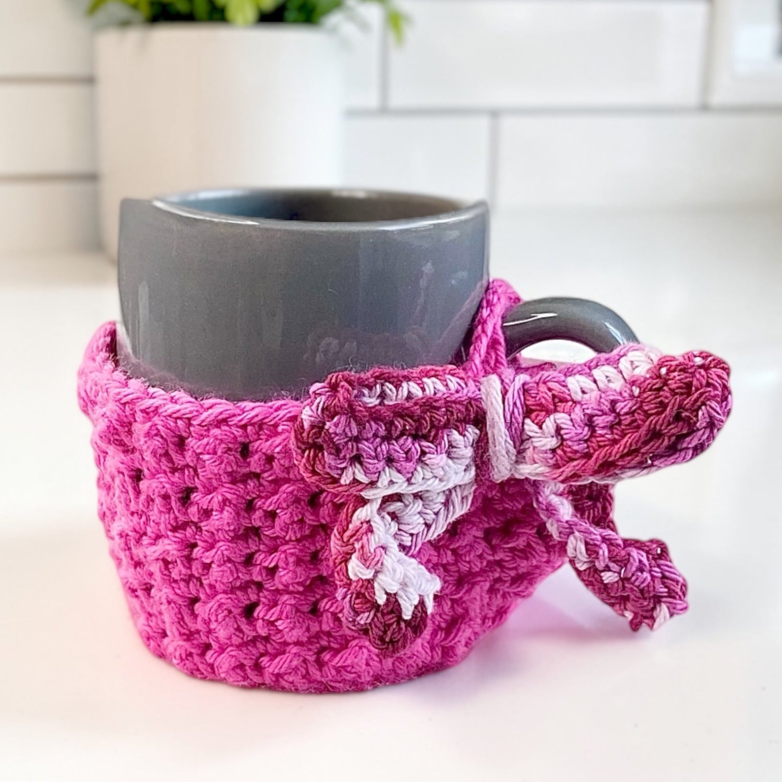 Rosy Cottagecore Crochet Mug Cozy with Bow