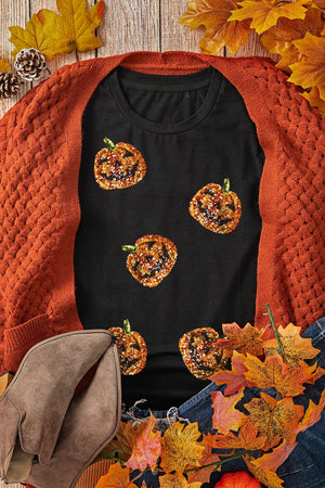 Sequin Pumpkin Round Neck Tee