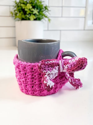 Rosy Cottagecore Crochet Mug Cozy with Bow