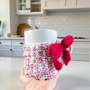 Handmade Red Bow Mug Cozy with White Ceramic Mug | Crochet Coffee Sleeve Gift