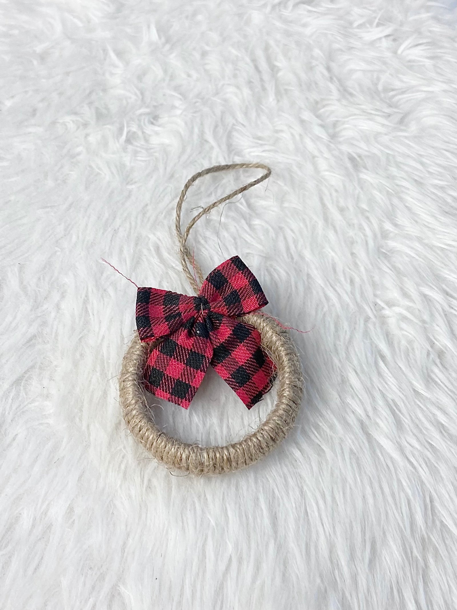 Rustic Jute Wreath Christmas Ornament with Buffalo Plaid Bow