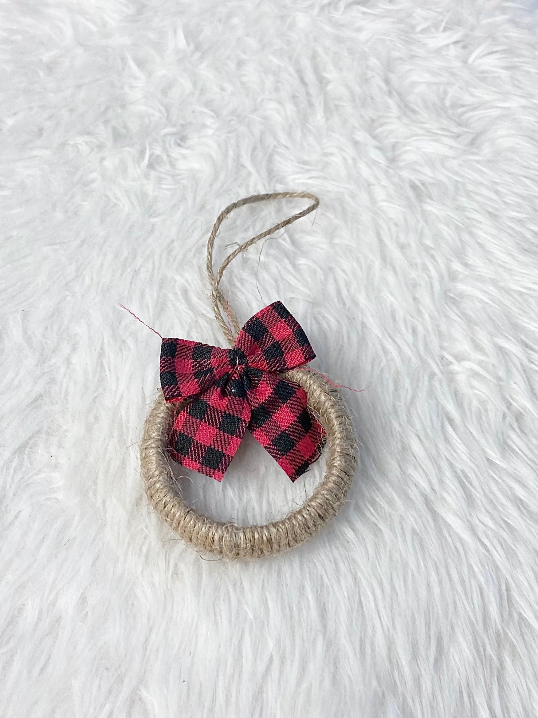Rustic Jute Wreath Christmas Ornament with Buffalo Plaid Bow
