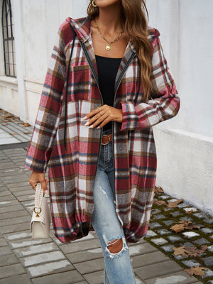 Playful In Plaid Zip Up Hooded Jacket