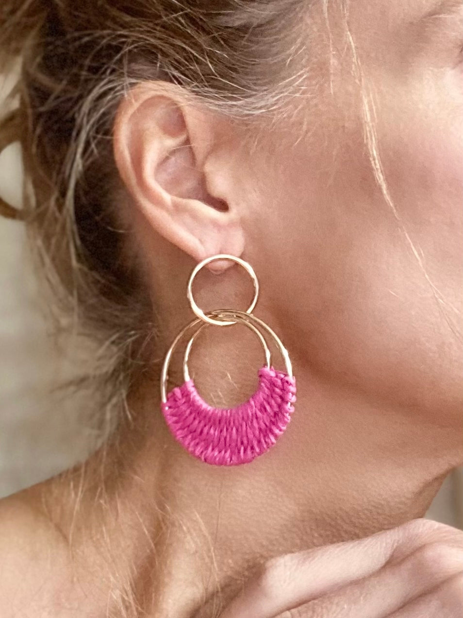 Pink Raffia Hoop Earrings