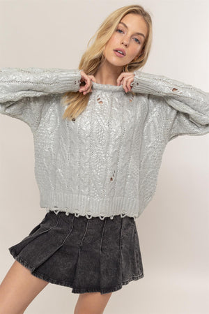 A Glistening Night Distressed Cable-Knit Sweater