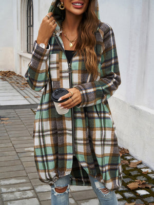 Playful In Plaid Zip Up Hooded Jacket