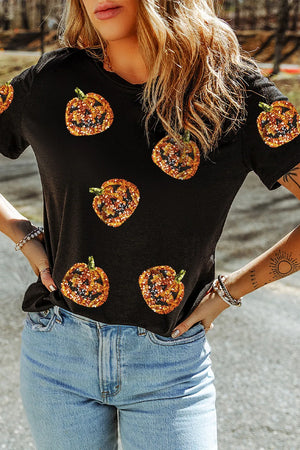 Sequin Pumpkin Round Neck Tee