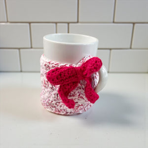 Handmade Red Bow Mug Cozy with White Ceramic Mug | Crochet Coffee Sleeve Gift
