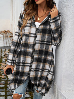 Playful In Plaid Zip Up Hooded Jacket