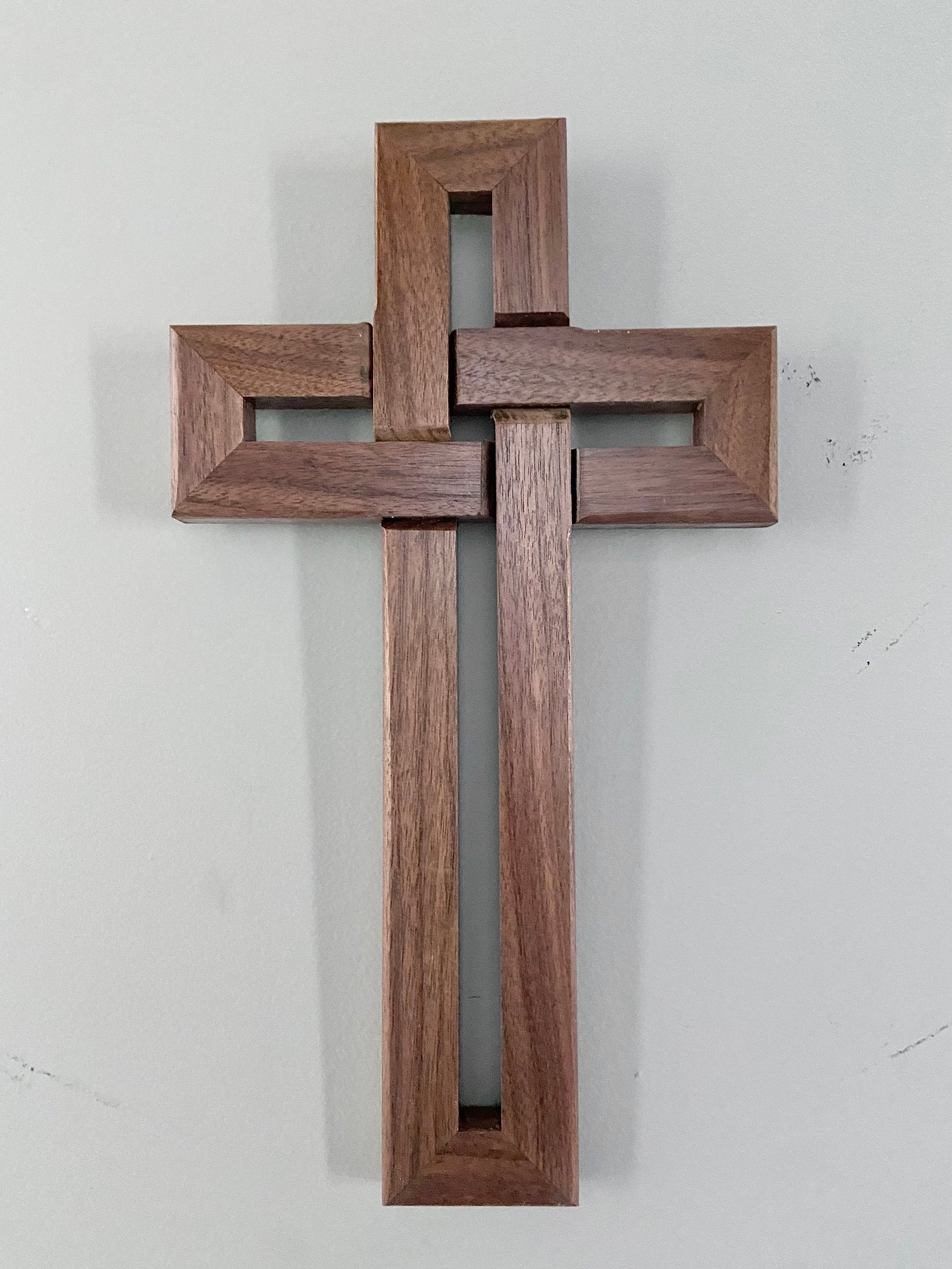 Heirloom Walnut Celtic Knot Cross Wall Hanging – Handcrafted 8” x 13 5/8”