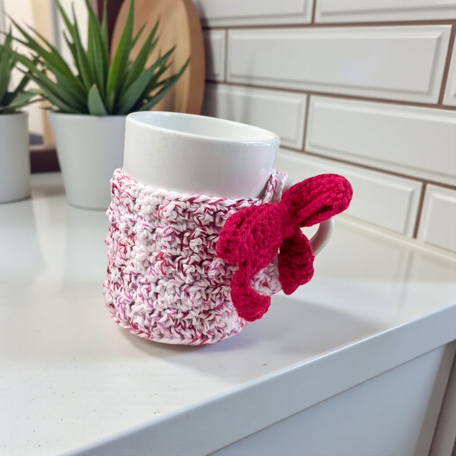 Handmade Red Bow Mug Cozy with White Ceramic Mug | Crochet Coffee Sleeve Gift