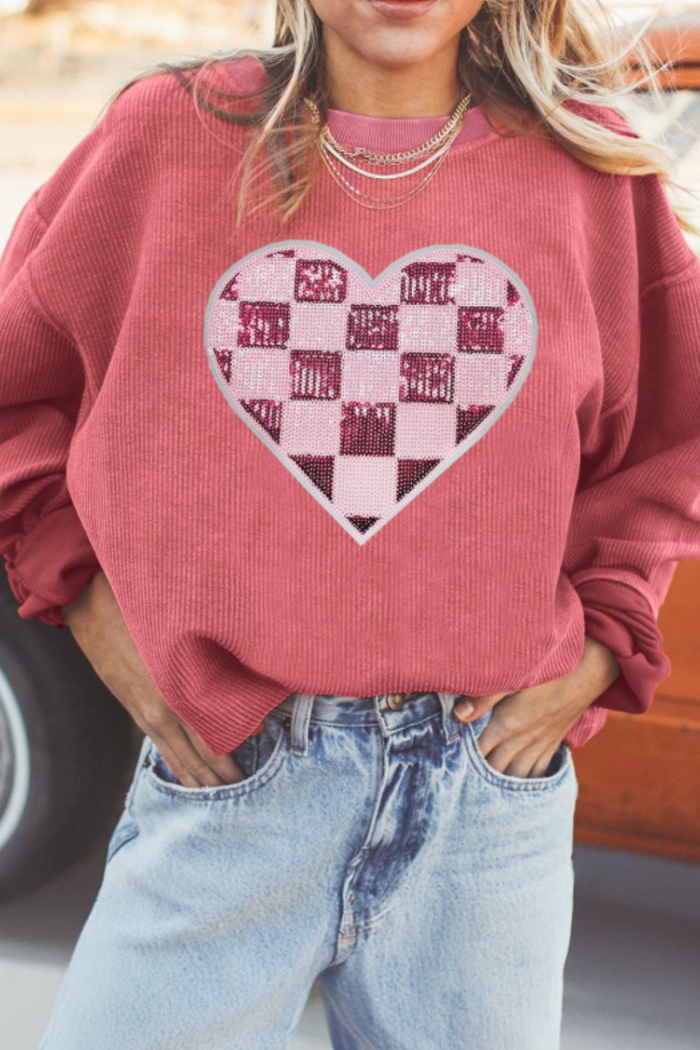 Sequin Checkered Heart Sweatshirt