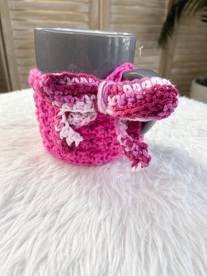 Rosy Cottagecore Crochet Mug Cozy with Bow