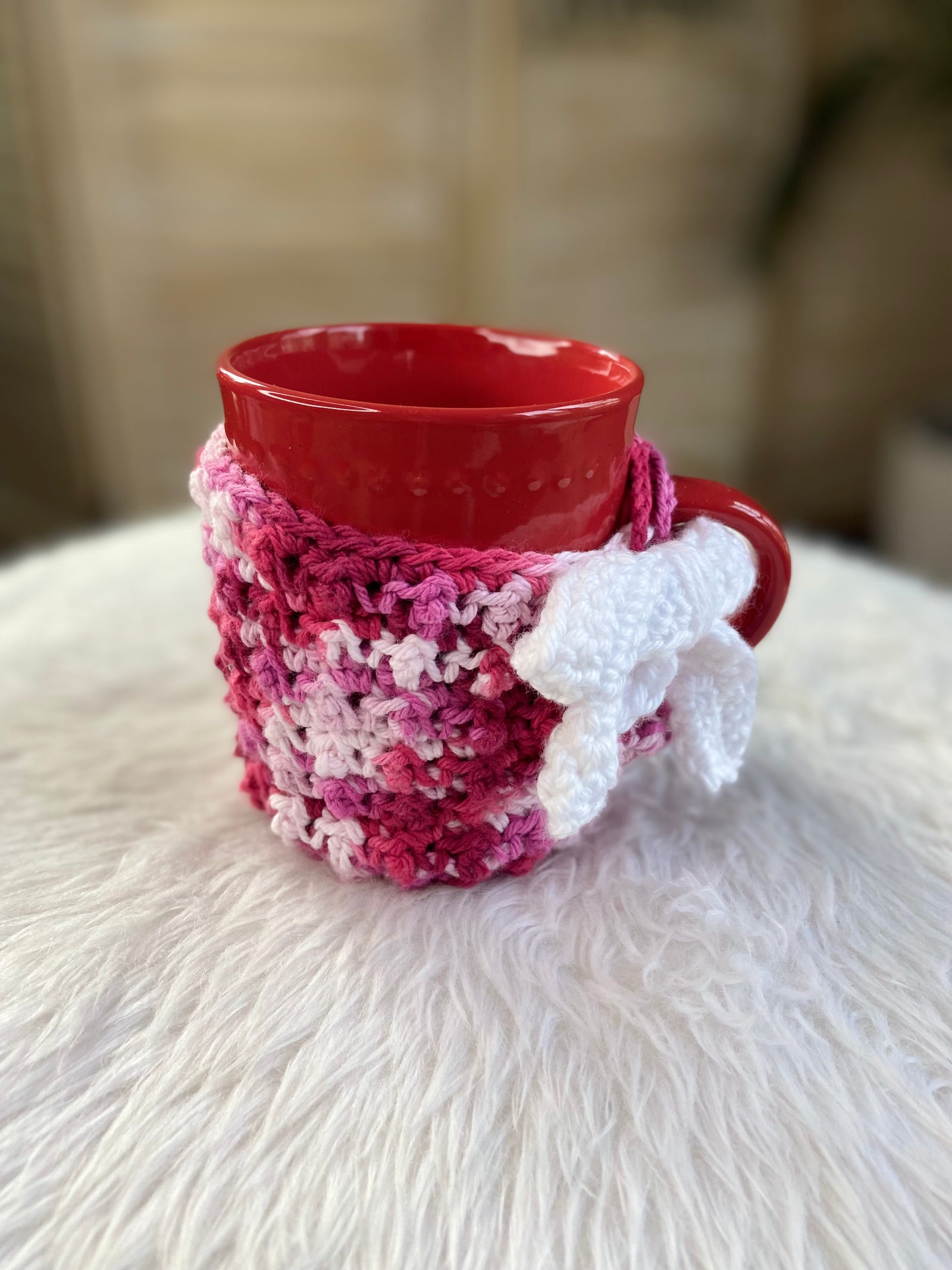 Blushing Cottagecore Crochet Mug Cozy with Bow