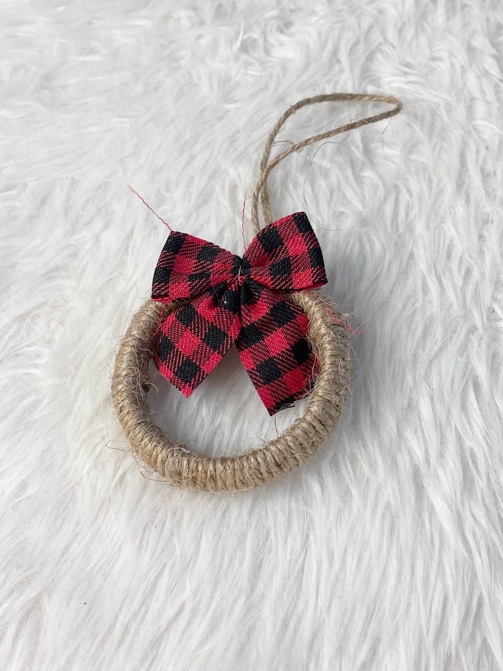 Rustic Jute Wreath Christmas Ornament with Buffalo Plaid Bow