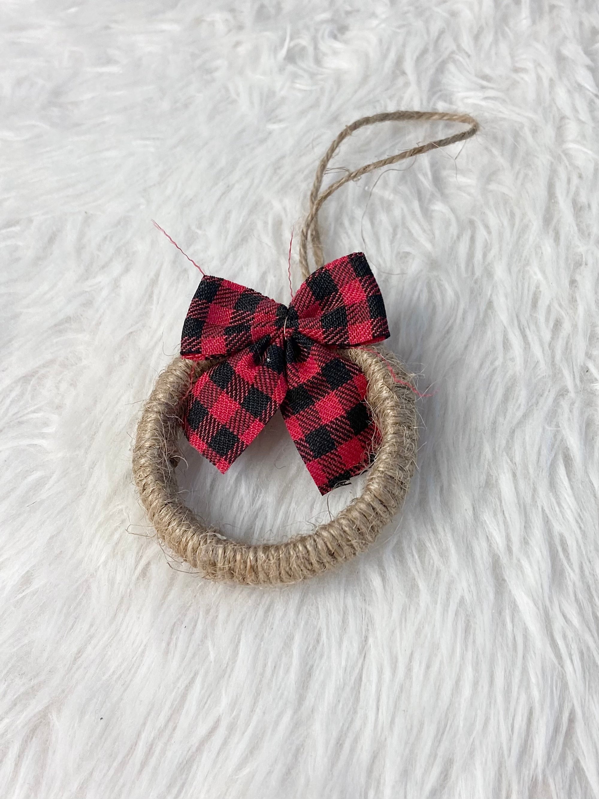 Rustic Jute Wreath Christmas Ornament with Buffalo Plaid Bow