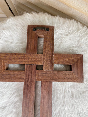 Heirloom Walnut Celtic Knot Cross Wall Hanging – Handcrafted 8” x 13 5/8”