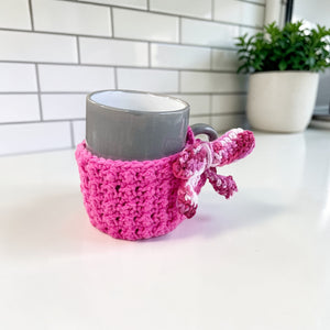 Rosy Cottagecore Crochet Mug Cozy with Bow