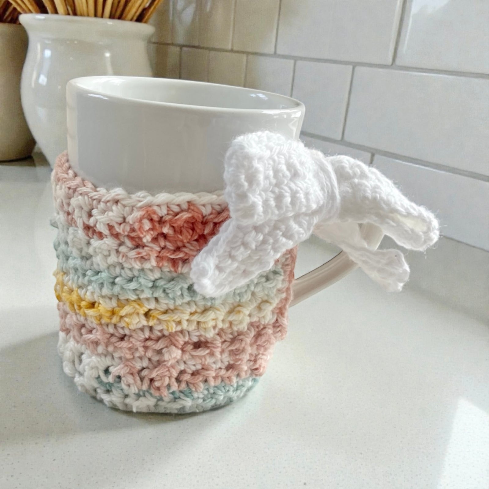 Handmade Crocheted Mug Cozy with Bow | Giftable Cottagecore Drinkware