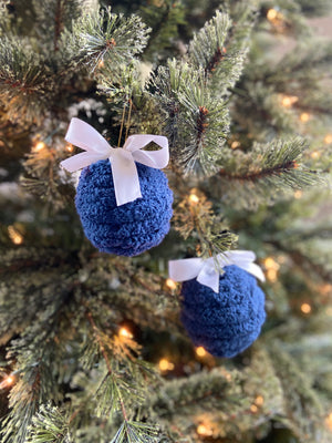 Plush Velvet Knit Christmas Ornament – Navy Textured Bauble with Ribbon Bow