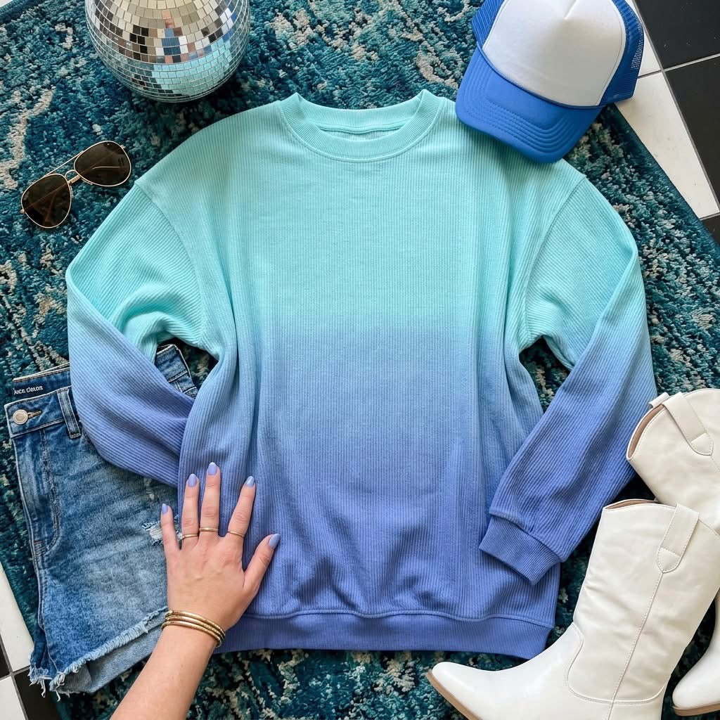 Teal/Blue Dip Dye Corded Crew