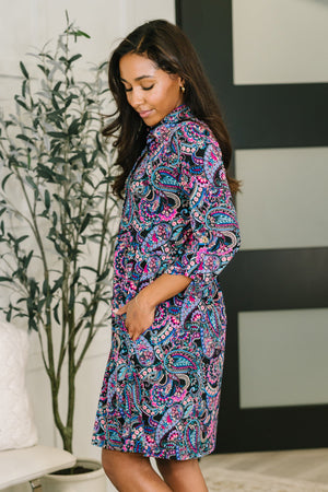 Inspire Collared Dress in Black and Cool Paisley