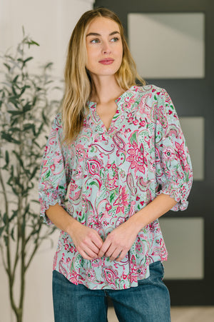 Lizzy Smock Top in Mint and Pink Floral Paisley