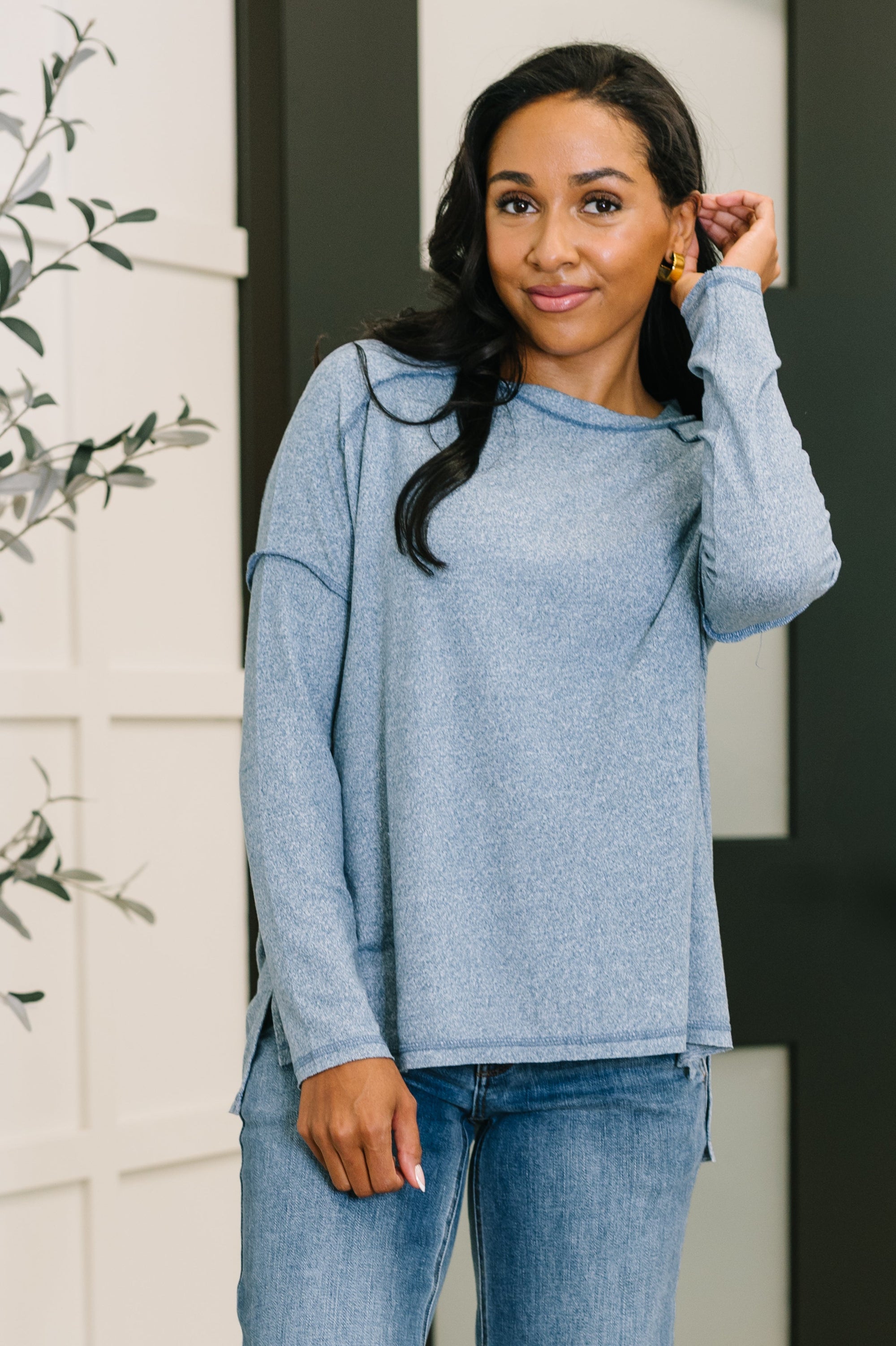 Mellow Mood Heathered Pullover in Dusty Blue