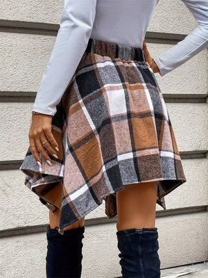 First In Line Plaid Asymmetrical Hem Skirt