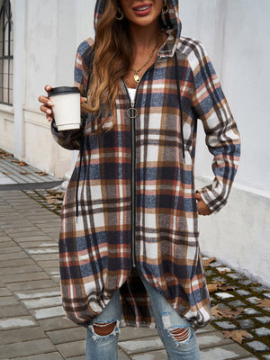 Playful In Plaid Zip Up Hooded Jacket