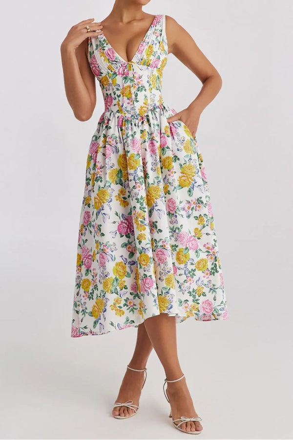 Floral V-Neck Sleeveless Midi Dress with Pockets Floral / S