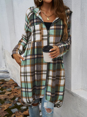 Playful In Plaid Zip Up Hooded Jacket