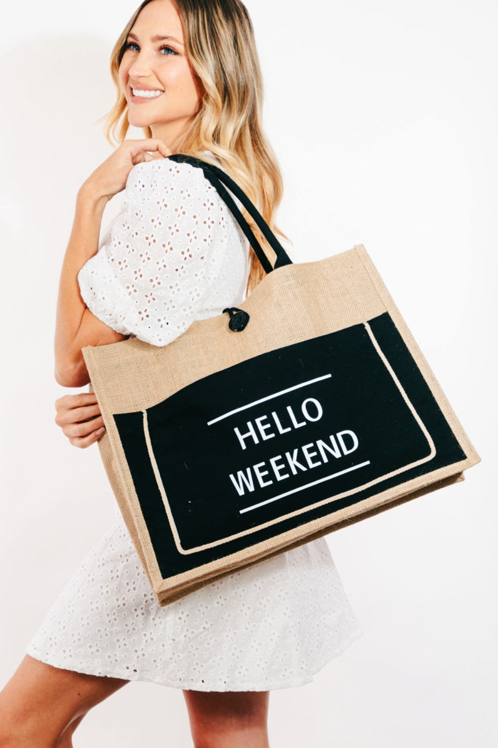 Sac fourre-tout en toile de jute Fame Hello Weekend