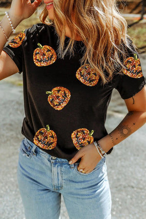 Sequin Pumpkin Round Neck Tee