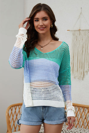 You're Worth It Openwork V-Neck Sweater