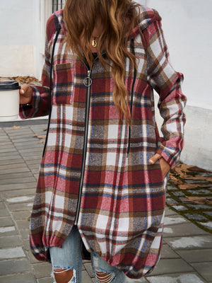 Playful In Plaid Zip Up Hooded Jacket