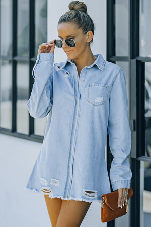 Stick With Me Distressed Snap Down Denim Shacket