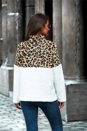 Leopard Color Block Half-Zip Teddy Sweatshirt