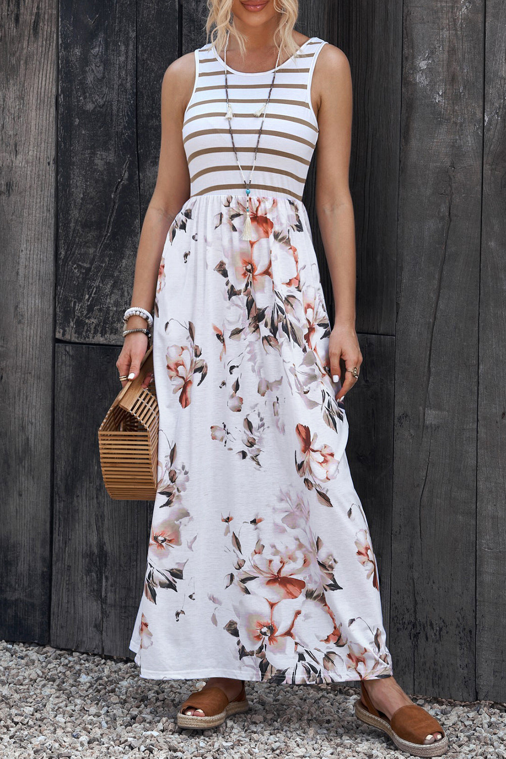 Come And Go Striped Floral Maxi Dress