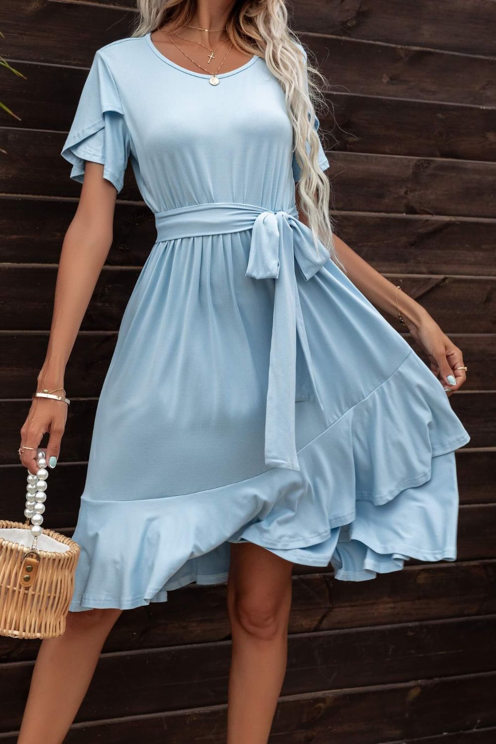 In A Daze Tie Waist Petal Sleeve Dress