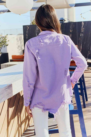 Distressed Button Down Denim Jacket-Lavender