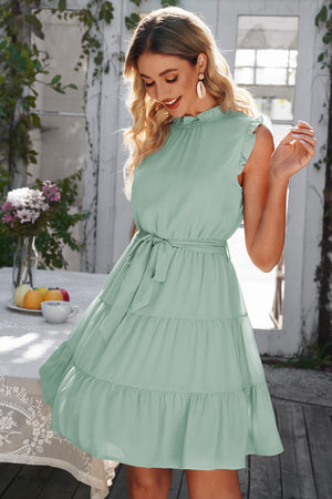 Moving On Tie Belt Tiered Dress